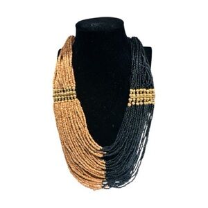 Black, Gold and Wooden Beaded Necklace